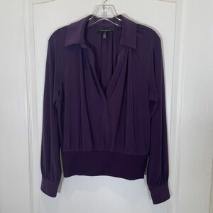 White House Black Market Blouse V-Neck Ribbed Hem Blouson Long Sleeve Purple S